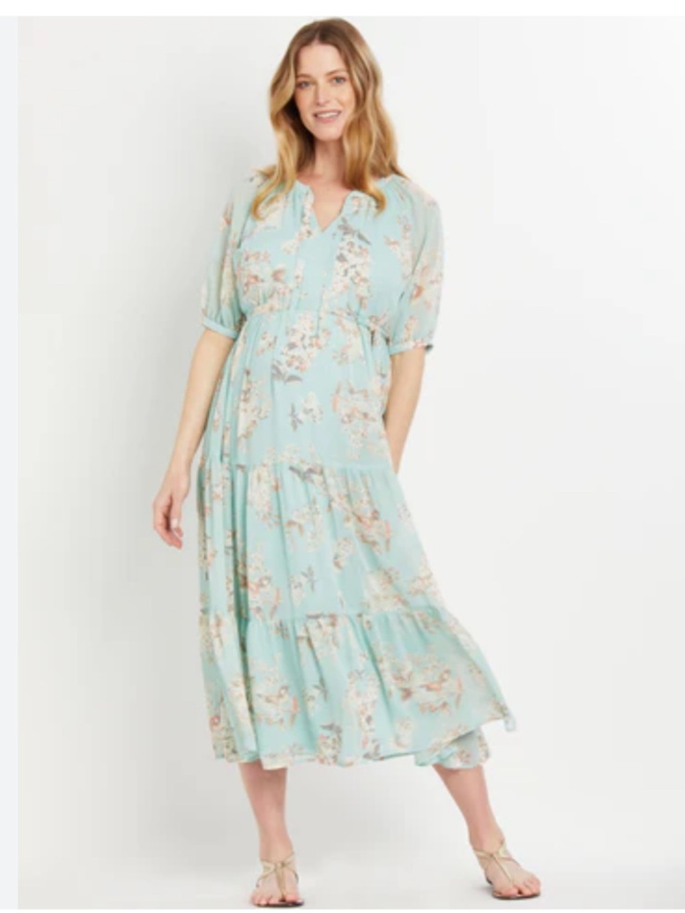 Motherhood materity Mint Floral Midi Dress with Tiered Skirt